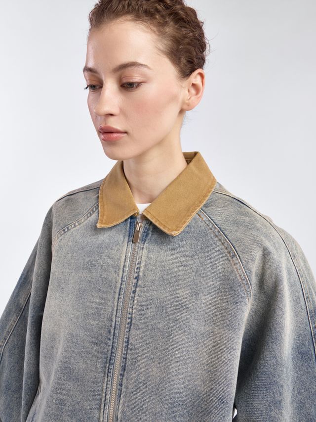 Джинсовая куртка О-силуэта с контрастным воротником