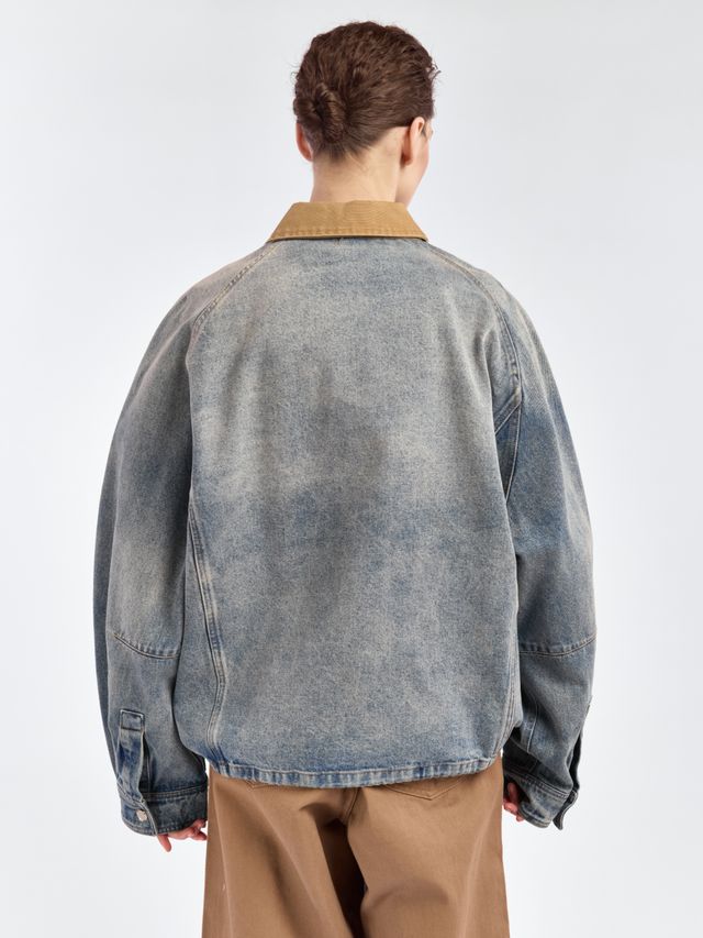 Джинсовая куртка О-силуэта с контрастным воротником