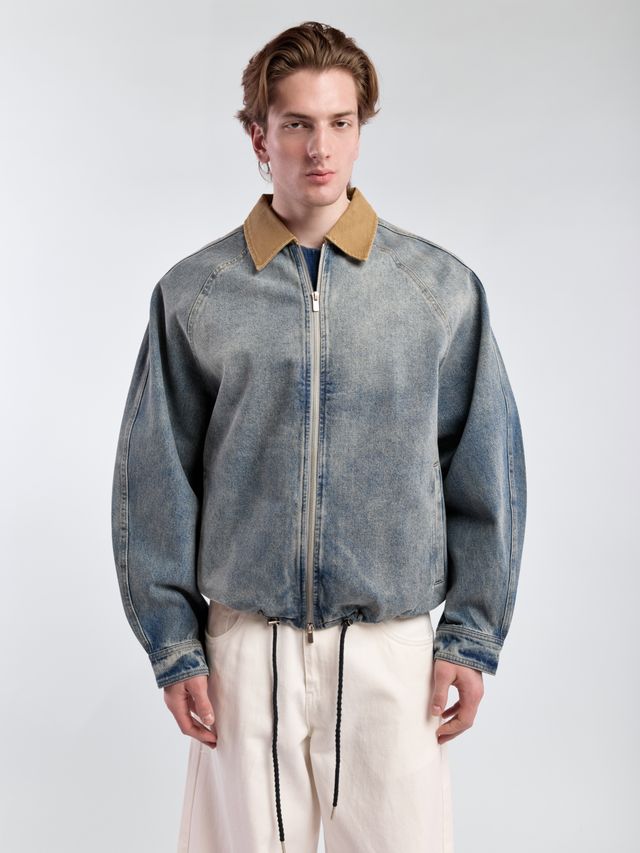 Джинсовая куртка О-силуэта с контрастным воротником