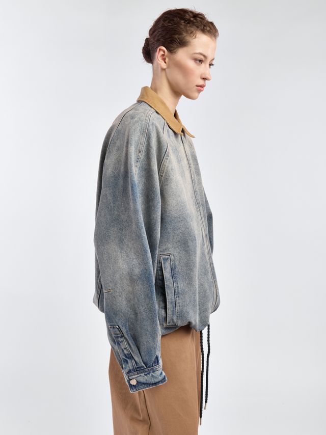 Джинсовая куртка О-силуэта с контрастным воротником