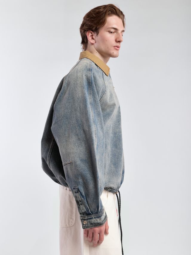 Джинсовая куртка О-силуэта с контрастным воротником